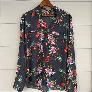 Express Floral Blouse - Gray with Red and Pink Accents